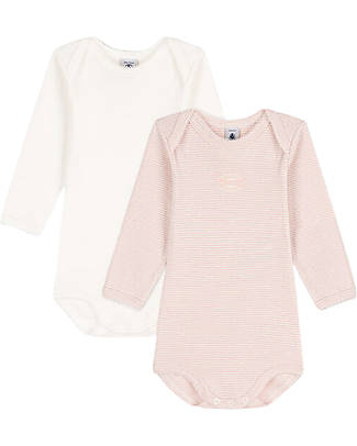 Petit Bateau OUTLET - Body Manica Lunga - Pacco da 2 - Bianco/Rosa Millerighe - 100% Cotone - Pezzo di Showroom Body Manica Lunga