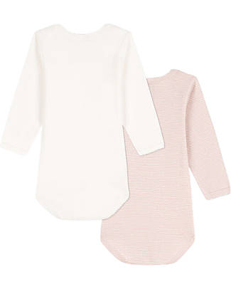Petit Bateau OUTLET - Body Manica Lunga - Pacco da 2 - Bianco/Rosa Millerighe - 100% Cotone - Pezzo di Showroom Body Manica Lunga