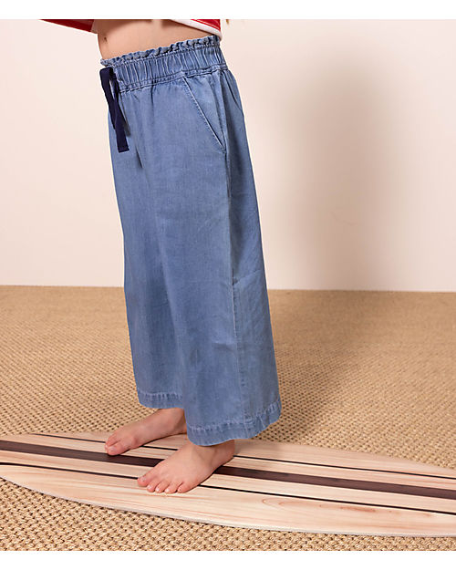 Petit Bateau Pantaloni Palazzo - Blu Denim - Vita Elasticizzata - 100% Cotone Organico Jeans
