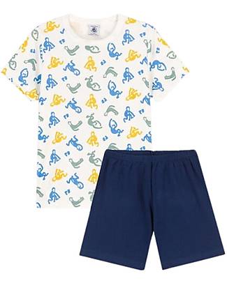 Petit Bateau Pigiama a Maniche Corte 2 Pezzi Scimmiette - Bianco&Blu - 100% Cotone Oeko-Tex - Brilla al Buio! Pigiami