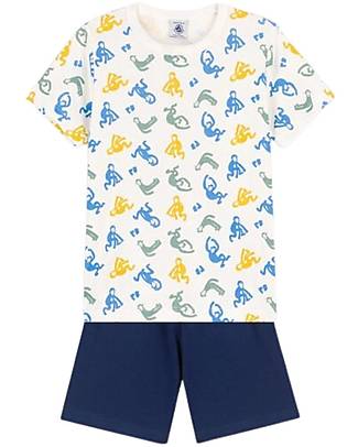 Petit Bateau Pigiama a Maniche Corte 2 Pezzi Scimmiette - Bianco&Blu - 100% Cotone Oeko-Tex - Brilla al Buio! Pigiami