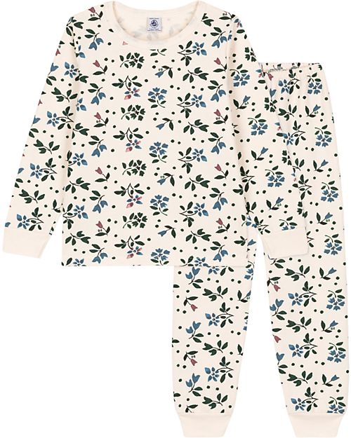 Petit Bateau Pigiama Felpato a Maniche Lunghe con Fantasia Fiore - Bianco Avalanche/Multicolore - 100% Cotone Pigiami