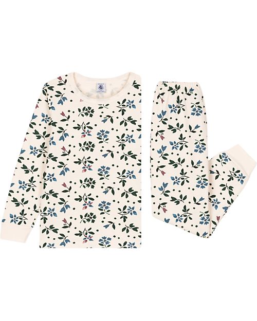 Petit Bateau Pigiama Felpato a Maniche Lunghe con Fantasia Fiore - Bianco Avalanche/Multicolore - 100% Cotone Pigiami