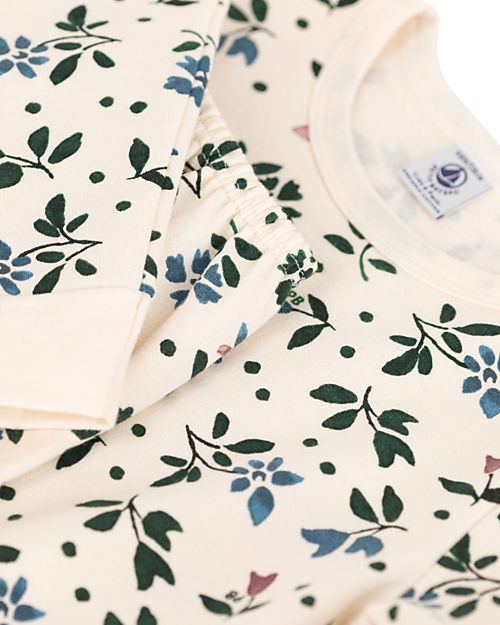 Petit Bateau Pigiama Felpato a Maniche Lunghe con Fantasia Fiore - Bianco Avalanche/Multicolore - 100% Cotone Pigiami