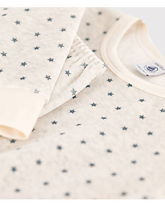 Petit Bateau Pigiama Felpato a Maniche Lunghe con Fantasia Stelle - Ecru/Blu - 100% Cotone Pigiami