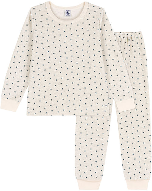 Petit Bateau Pigiama Felpato a Maniche Lunghe con Fantasia Stelle -  Ecru/Blu - 100% Cotone unisex (bambini)
