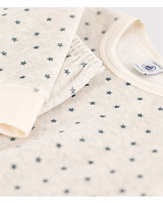 Petit Bateau Pigiama Felpato a Maniche Lunghe con Fantasia Stelle - Ecru/Blu - 100% Cotone Pigiami