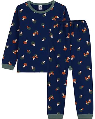 Petit Bateau Pigiama in Molleton con Fantasia Funghetto a Maniche Lunghe - Blu Medieval/Bianco Multico - 100% Cotone Pigiami