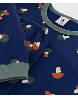 Petit Bateau Pigiama in Molleton con Fantasia Funghetto a Maniche Lunghe - Blu Medieval/Bianco Multico - 100% Cotone Pigiami