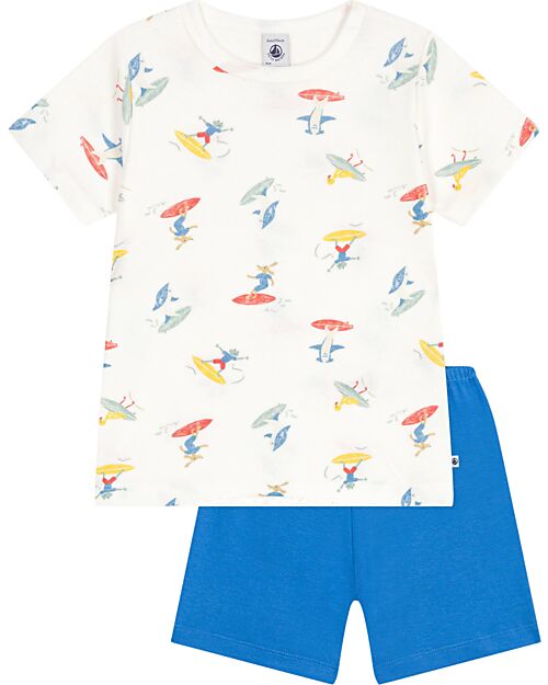 Petit Bateau Pigiama Surfisti - Bianco e Blu - 100% Cotone Pigiami