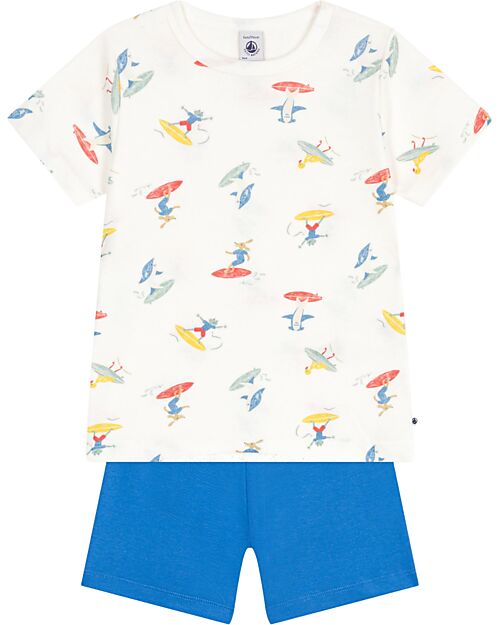 Petit Bateau Pigiama Surfisti - Bianco e Blu - 100% Cotone Pigiami