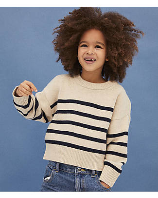 Petit Bateau Pullover a Righe in Lana Manica Lunga - Bianco Avalanche/Blu Smoking Maglioni