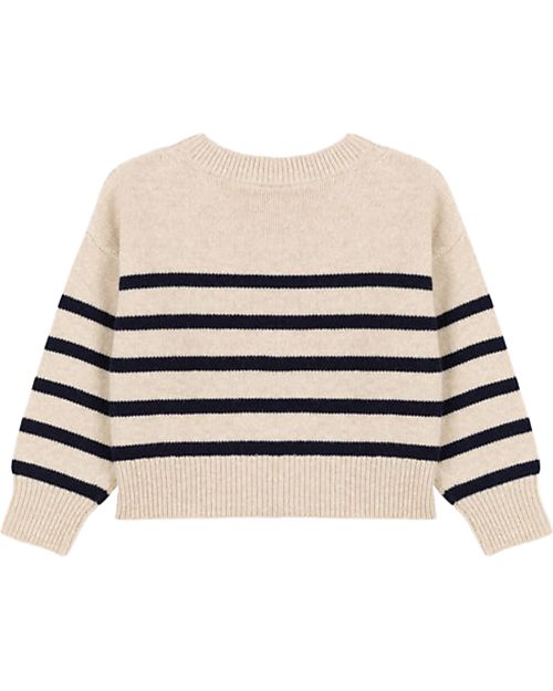 Petit Bateau Pullover a Righe Manica Lunga - Bianco Avalanche/Blu Smoking - Lana e Cotone Maglioni