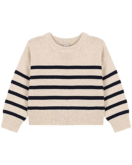 Petit Bateau Pullover a Righe Manica Lunga - Bianco Avalanche/Blu Smoking - Lana e Cotone Maglioni