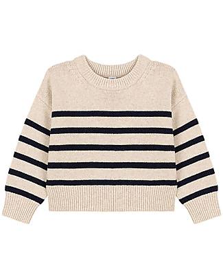 Petit Bateau Pullover a Righe Manica Lunga - Bianco Avalanche/Blu Smoking - Lana e Cotone Maglioni