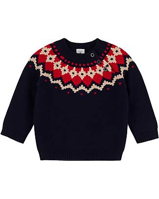 Petit Bateau Pullover Manica Lunga - Blu Smoking/Bianco/ Multicolore - in Lana e Cotone Maglioni