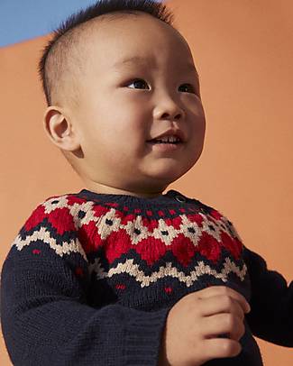 Petit Bateau Pullover Manica Lunga - Blu Smoking/Bianco/ Multicolore - in Lana e Cotone Maglioni