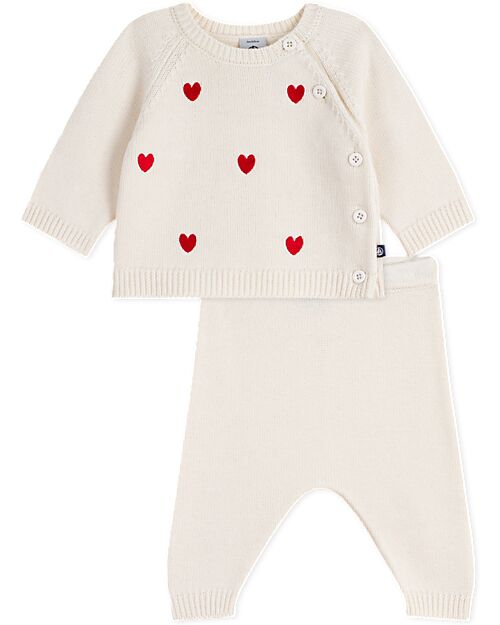 Petit Bateau Set 2 Pezzi Cardigan e Pantaloni - Bianco - Cuori - Lana e Cotone Cardigan