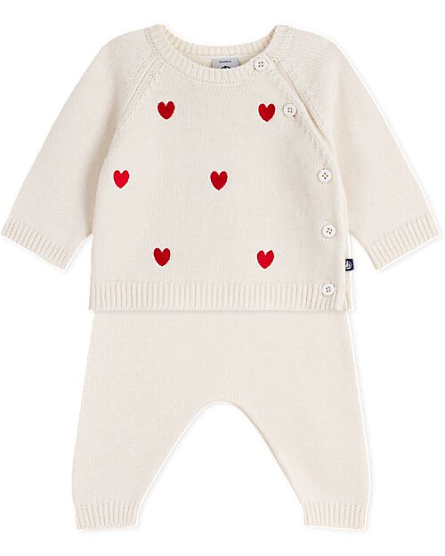 Petit Bateau Set 2 Pezzi Cardigan e Pantaloni - Bianco - Cuori - Lana e Cotone Cardigan