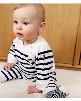 Petit Bateau Set 2 Pezzi Cardigan e Pantaloni - Bianco e Blu - Righe - Lana e Cotone Cardigan
