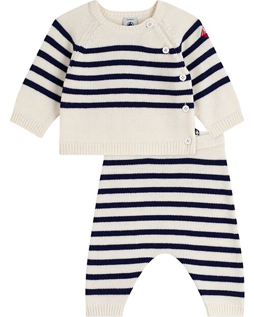 Petit Bateau Set 2 Pezzi Cardigan e Pantaloni - Bianco e Blu - Righe - Lana e Cotone Cardigan