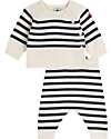 Petit Bateau Set 2 Pezzi Cardigan e Pantaloni - Bianco e Blu - Righe - Lana e Cotone Cardigan