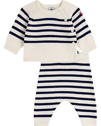 Petit Bateau Set 2 Pezzi Cardigan e Pantaloni - Bianco e Blu - Righe - Lana e Cotone Cardigan