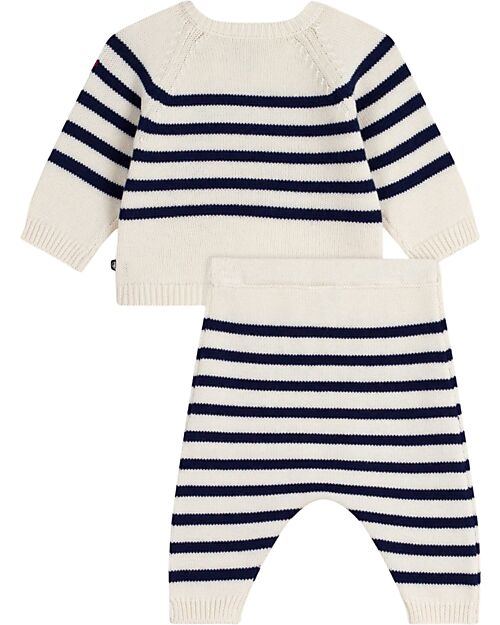 Petit Bateau Set 2 Pezzi Cardigan e Pantaloni - Bianco e Blu - Righe - Lana e Cotone Cardigan