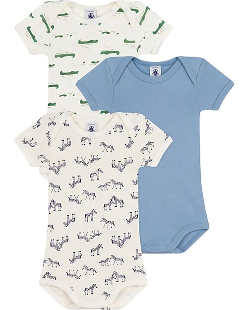 Petit Bateau Set 3 Body a Maniche Corte - Azzurro - Coccodrilli/Zebre - 100% Cotone Body Manica Corta