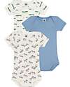 Petit Bateau Set 3 Body a Maniche Corte - Azzurro - Coccodrilli/Zebre - 100% Cotone Body Manica Corta