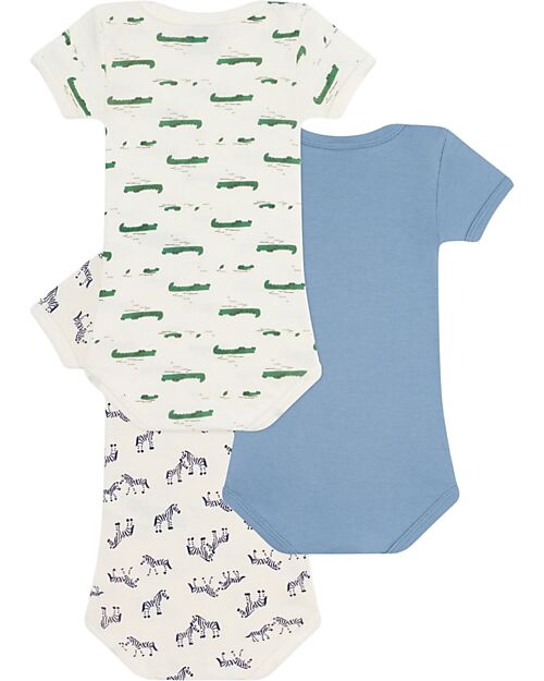 Petit Bateau Set 3 Body a Maniche Corte - Azzurro - Coccodrilli/Zebre - 100% Cotone Body Manica Corta