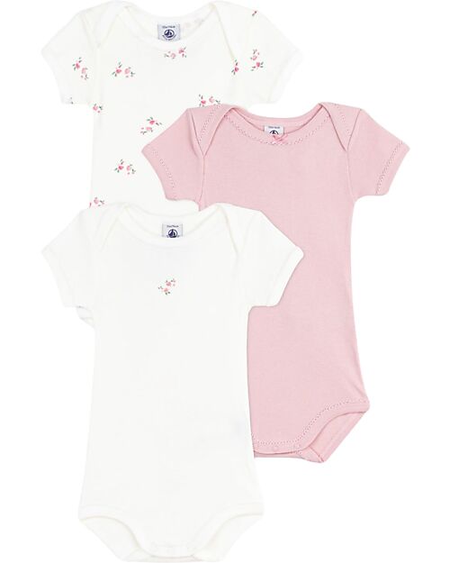 Petit Bateau Set 3 Body a Maniche Corte - Azzurro e Bianco - Fiori - 100% Cotone Body Manica Corta