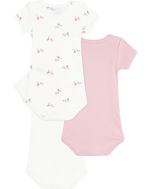 Petit Bateau Set 3 Body a Maniche Corte - Azzurro e Bianco - Fiori - 100% Cotone Body Manica Corta