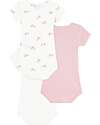 Petit Bateau Set 3 Body a Maniche Corte - Azzurro e Bianco - Fiori - 100% Cotone Body Manica Corta