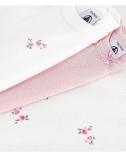 Petit Bateau Set 3 Body a Maniche Corte - Azzurro e Bianco - Fiori - 100% Cotone Body Manica Corta