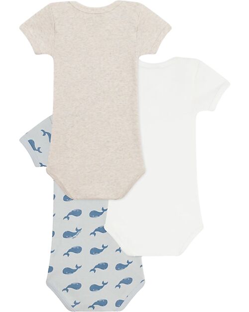Petit Bateau Set 3 Body a Maniche Corte - Beige e Bianco - Balene - 100% Cotone Body Manica Corta