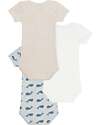 Petit Bateau Set 3 Body a Maniche Corte - Beige e Bianco - Balene - 100% Cotone Body Manica Corta