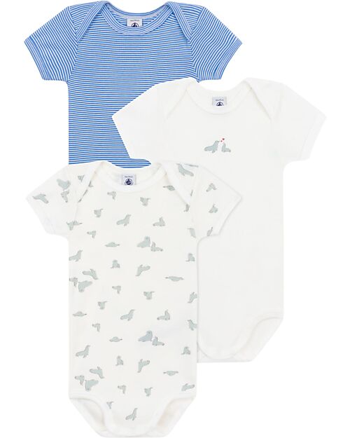 Petit Bateau Set 3 Body a Maniche Corte - Bianco - Blu millerighe - Foche - 100% Cotone Body Manica Corta