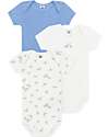 Petit Bateau Set 3 Body a Maniche Corte - Bianco - Blu millerighe - Foche - 100% Cotone Body Manica Corta