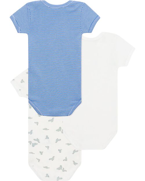 Petit Bateau Set 3 Body a Maniche Corte - Bianco - Blu millerighe - Foche - 100% Cotone Body Manica Corta