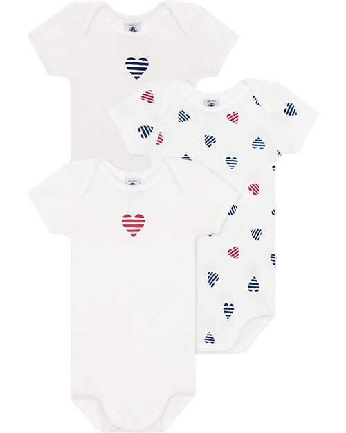 Petit Bateau Set 3 Body a Maniche Corte - Bianco - Cuori a righe - 100% Cotone Body Manica Corta