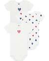 Petit Bateau Set 3 Body a Maniche Corte - Bianco - Cuori a righe - 100% Cotone Body Manica Corta
