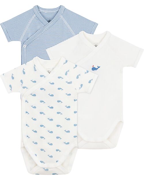 Petit Bateau Set 3 Body a Maniche Corte - Bianco e Azzurro - Millerighe/Balene - 100% Cotone Body Manica Corta