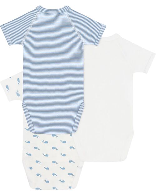 Petit Bateau Set 3 Body a Maniche Corte - Bianco e Azzurro - Millerighe/Balene - 100% Cotone Body Manica Corta