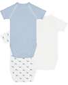 Petit Bateau Set 3 Body a Maniche Corte - Bianco e Azzurro - Millerighe/Balene - 100% Cotone Body Manica Corta