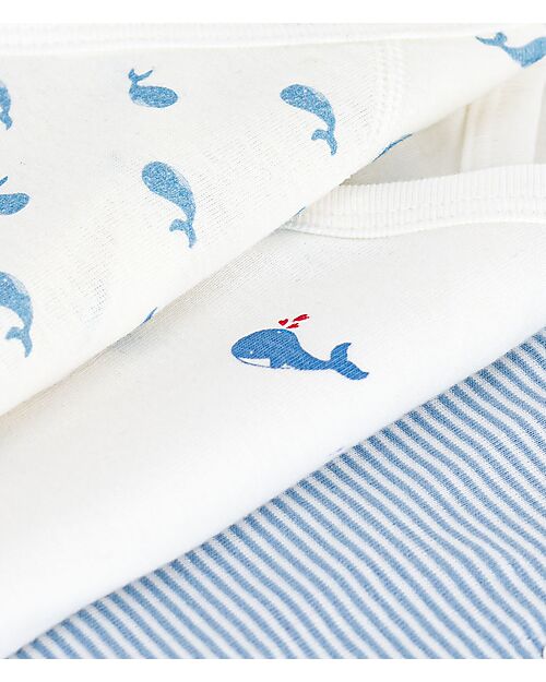 Petit Bateau Set 3 Body a Maniche Corte - Bianco e Azzurro - Millerighe/Balene - 100% Cotone Body Manica Corta