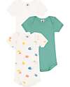 Petit Bateau Set 3 Body a Maniche Corte - Bianco e Verde - Mare - 100% Cotone Body Manica Corta