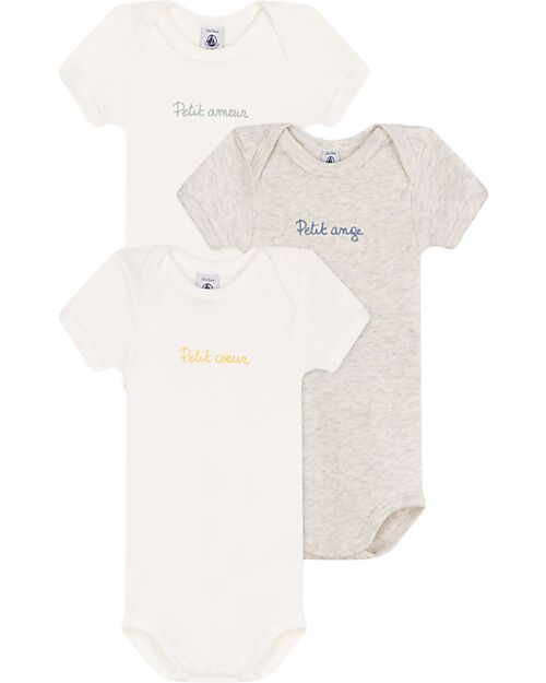 Petit Bateau Set 3 Body a Maniche Corte - Bianco - Grigio - con Scritte - 100% Cotone Body Manica Corta