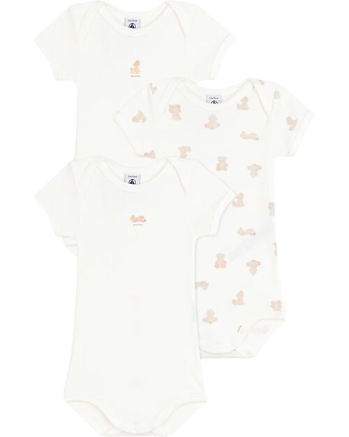 Petit Bateau Set 3 Body a Maniche Corte - Bianco - Orsetti - 100% Cotone Body Manica Corta