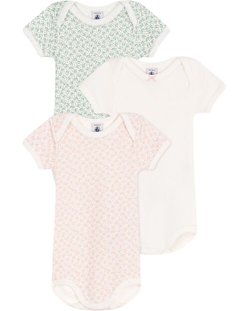 Petit Bateau Set 3 Body a Maniche Corte - Bianco Rosa e Verde - Fiori - 100% Cotone Body Manica Corta